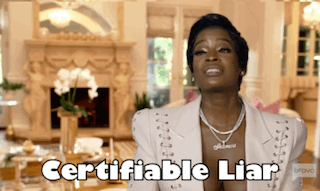 A Woman Says " Certifiable Liar " In Front Of A Fireplace In A Living Room GIF