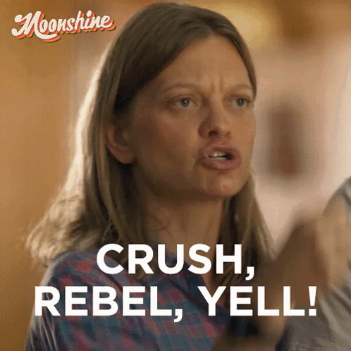 A Woman Says " Crush Rebel Yell " In Front Of A Moonlight Logo GIF