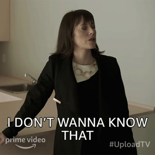 A Woman Says " I Don 'T Wanna Know That " In Front Of An Amazon Logo GIF