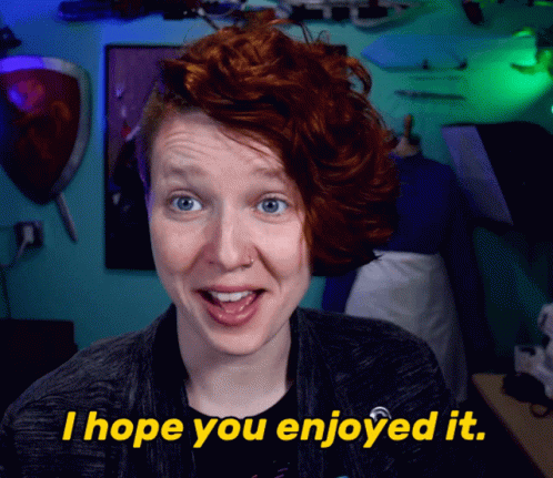 a woman says i hope you enjoyed it in yellow letters