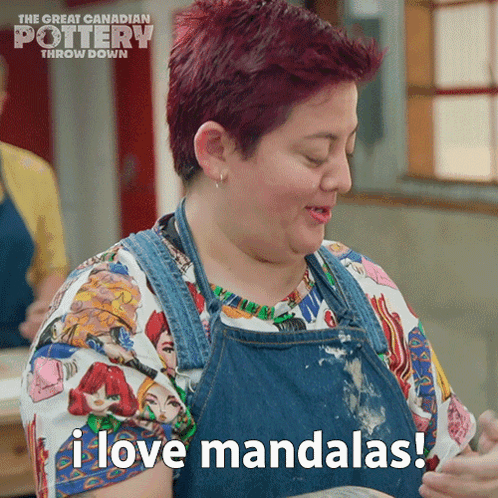 A Woman Says I Love Mandalas While Holding A Clay Pot GIF