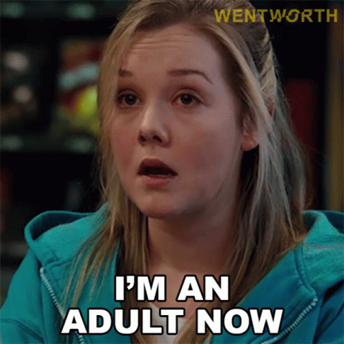 A Woman Says I 'M An Adult Now In A Blue Hoodie GIF