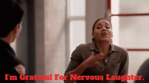A Woman Says I 'M Grateful For Nervous Laughter In Red GIF