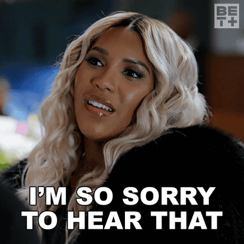 A Woman Says " I 'M So Sorry To Hear That " While Wearing A Fur Coat GIF