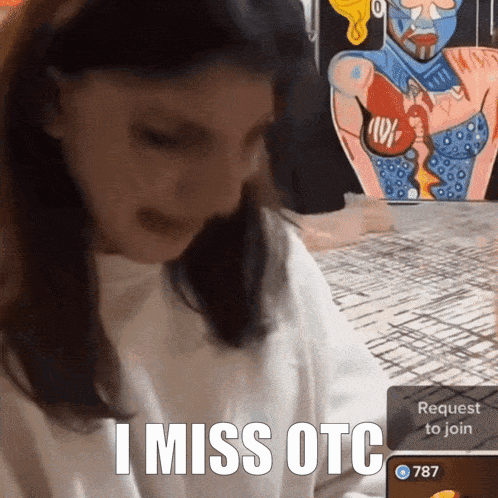 A Woman Says I Miss Otc In Front Of A Painting Of A Woman GIF