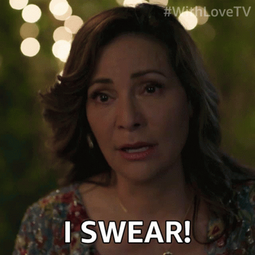 a woman says i swear in front of a bunch of lights