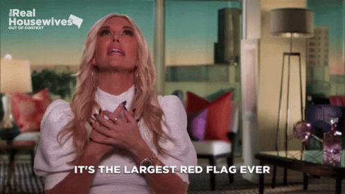 A Woman Says " It 'S The Largest Red Flag Ever " In A Living Room GIF