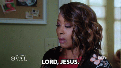 A Woman Says " Lord Jesus " In Front Of A Sign That Says Tyler Perry 'S The Oval GIF
