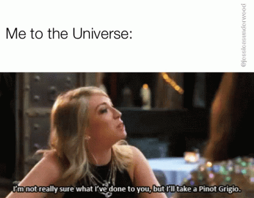 A Woman Says " Me To The Universe " While Holding Her Hair GIF