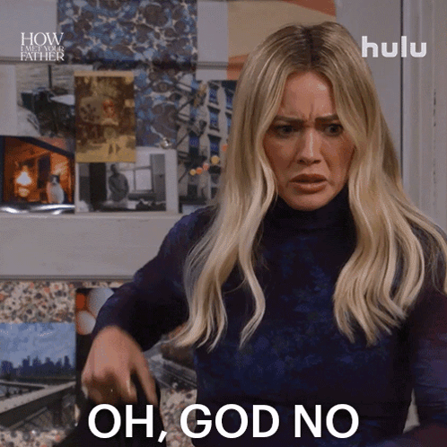 A Woman Says Oh God No In Front Of A Hulu Poster GIF