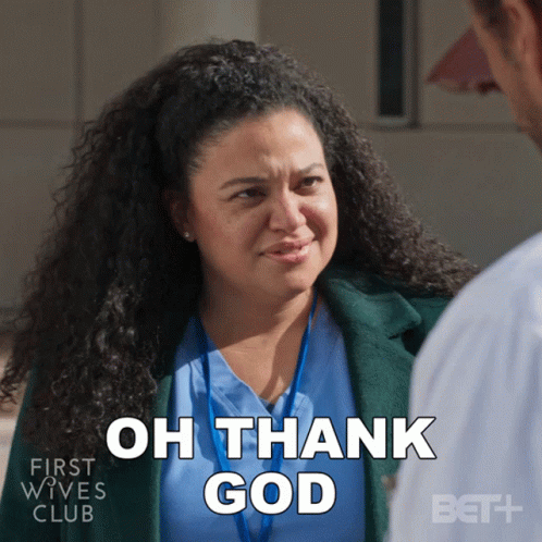 A Woman Says " Oh Thank God " While Talking To A Man GIF