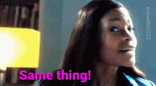 A Woman Says " Same Thing " Next To A Yellow Lamp GIF