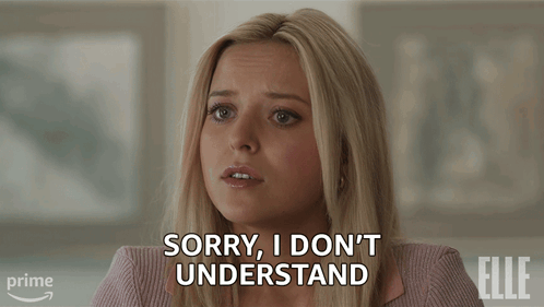 A Woman Says " Sorry I Don 'T Understand " In Front Of An Amazon Prime Logo GIF