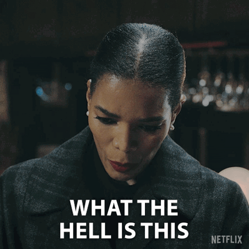 A Woman Says What The Hell Is This With A Netflix Logo Behind Her GIF
