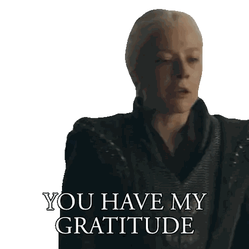 a woman says " you have my gratitude " while wearing a black sweater