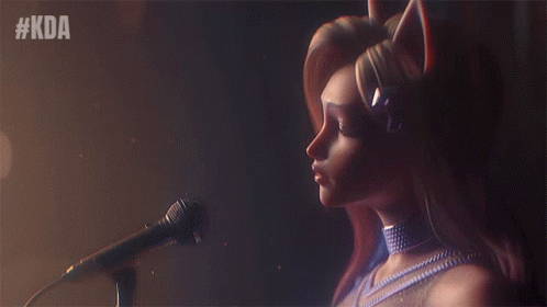 A Woman Singing Into A Microphone With The Hashtag #Kda Behind Her GIF