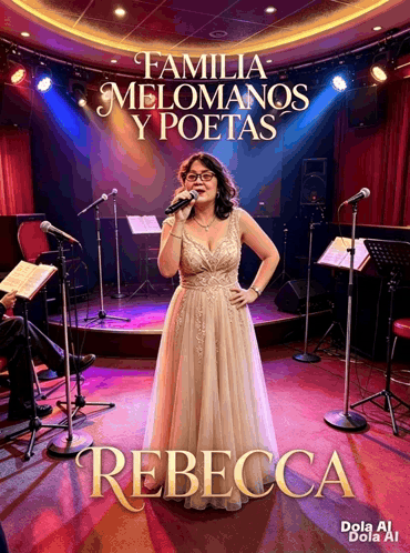 A Woman Singing Into A Microphone With The Name Rebecca On The Bottom Right GIF