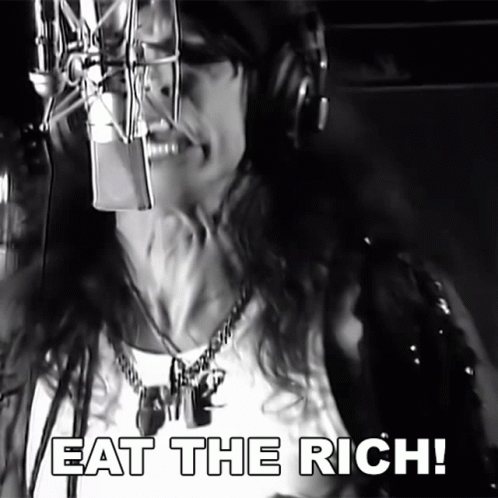 A Woman Singing Into A Microphone With The Words Eat The Rich Written Below Her GIF