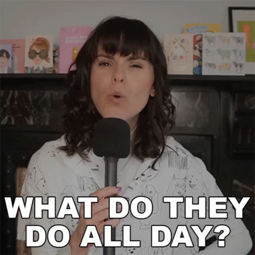 A Woman Singing Into A Microphone With The Words What Do They Do All Day Below Her GIF