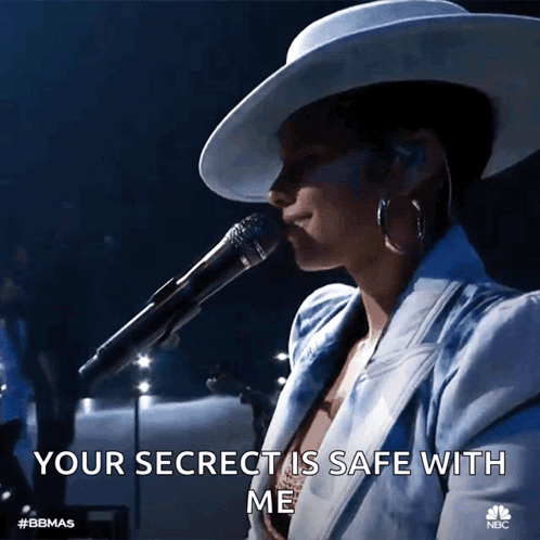A Woman Singing Into A Microphone With The Words Your Secret Is Safe With Me Below Her GIF
