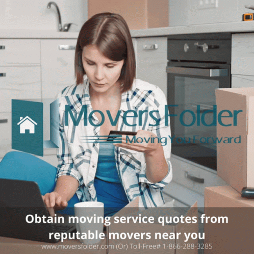 A Woman Sits At A Table With A Laptop And A Credit Card In Front Of A Sign That Says Movers Folder GIF