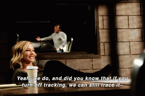 A Woman Sits At A Table With Her Legs Crossed And Says Yeah We Do And Did You Know That If You Turn Off Tracking GIF