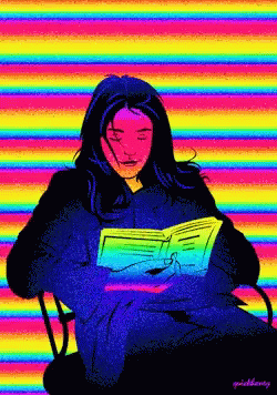 A Woman Sits In A Chair Reading A Book With A Colorful Background GIF