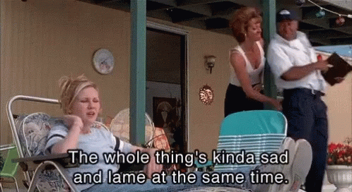A Woman Sits In A Chair With The Words " The Whole Thing 'S Kinda Sad And Lame At The Same Time " GIF