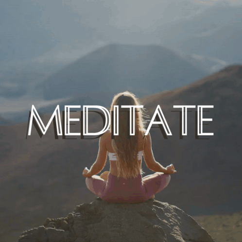 a woman sits in a lotus position on a rock with the word meditate above her