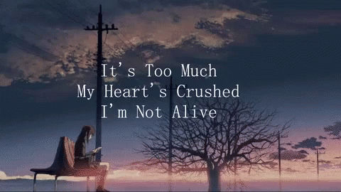 A Woman Sits On A Bench With The Words " It 'S Too Much My Heart 'S Crushed " GIF