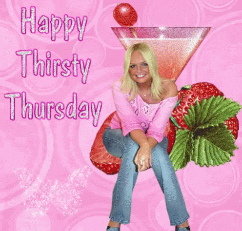 A Woman Sits On A Martini Glass With The Words Happy Thirsty Thursday GIF