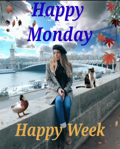 A Woman Sits On A Wall With A Cat And A Duck With The Words Happy Monday Happy Week GIF