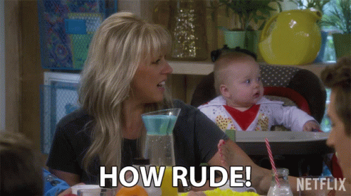 A Woman Sitting At A Table With A Baby And A Pitcher Of Orange Juice Says How Rude GIF