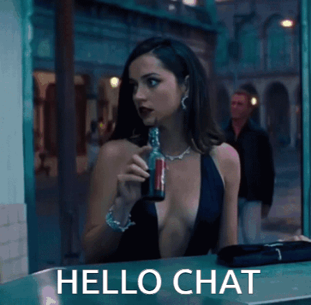 A Woman Sitting At A Table With A Bottle In Her Hand And The Words Hello Chat Written Below Her GIF