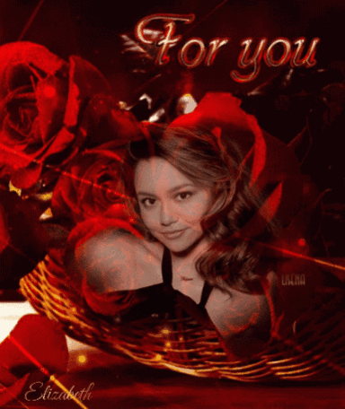 A Woman Sitting In A Basket With Roses And The Words For You GIF