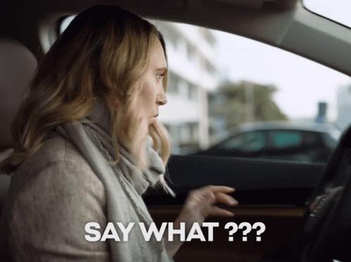 A Woman Sitting In A Car With The Words Say What Written Below Her GIF