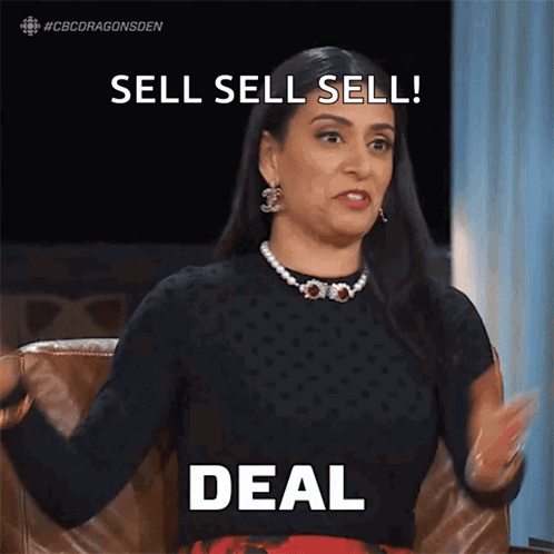 A Woman Sitting In A Chair With Her Arms Outstretched Says Sell Sell Sell Deal GIF