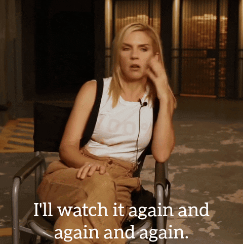 A Woman Sitting In A Chair With The Words " I 'Ll Watch It Again And Again " Written Below Her GIF
