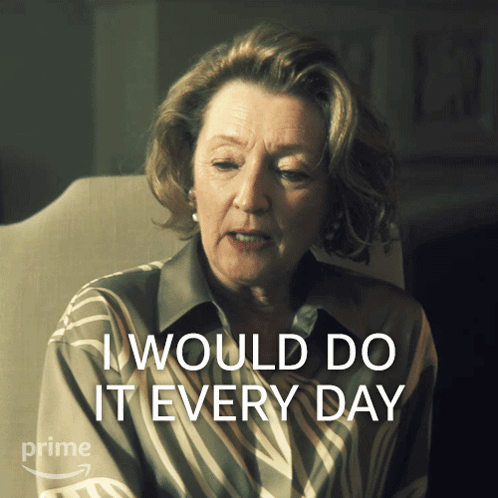 A Woman Sitting In A Chair With The Words I Would Do It Every Day Behind Her GIF