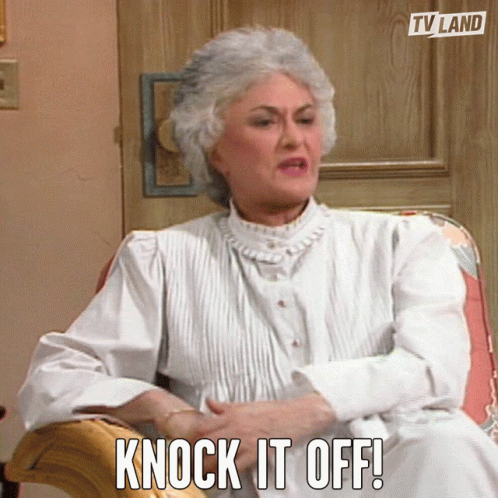 A Woman Sitting In A Chair With The Words Knock It Off Written On The Bottom GIF