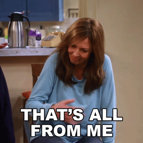 A Woman Sitting In A Chair With The Words That 'S All From Me Below Her GIF