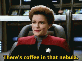 a woman sitting in a chair with the words there 's coffee in that nebula below her