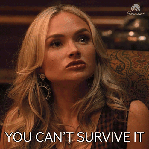 A Woman Sitting In A Chair With The Words " You Can 'T Survive It " On Her Face GIF