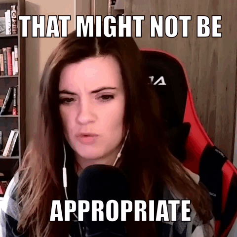 A Woman Sitting In A Red Chair With Headphones And A Meme That Says That Might Not Be Appropriate GIF