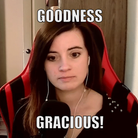 A Woman Sitting In A Red Chair With The Words Goodness Gracious GIF