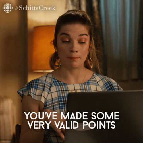 A Woman Sitting In Front Of A Laptop With The Words " You 'Ve Made Some Very Valid Points " GIF