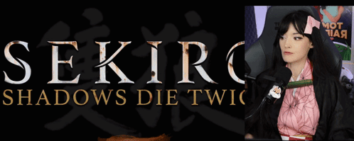 A Woman Sitting In Front Of A Microphone With The Words Sekiro Shadows Die Twice Written Above Her GIF
