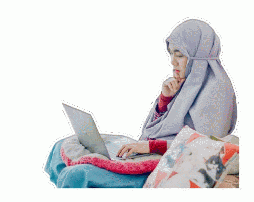 A Woman Sitting On A Couch With A Laptop And The Words Mencintai Kehilangan GIF