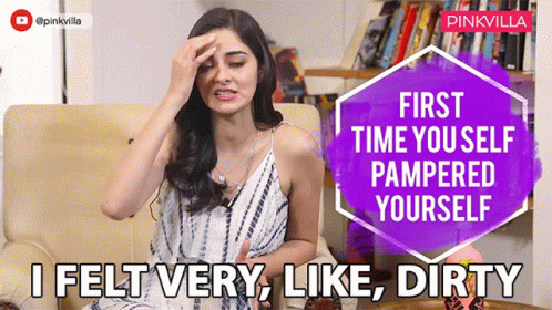 A Woman Sitting On A Couch With A Purple Sign That Says First Time You Self Pampered Yourself I Felt Very Like Dirty GIF