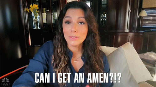 A Woman Sitting On A Couch With The Words Can I Get An Amen GIF